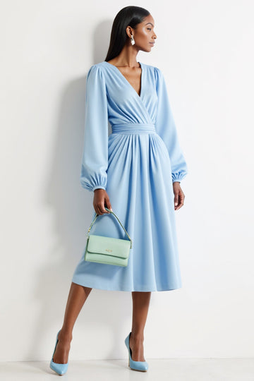 Blue V-Neck A Line Long Sleeves Work Dress